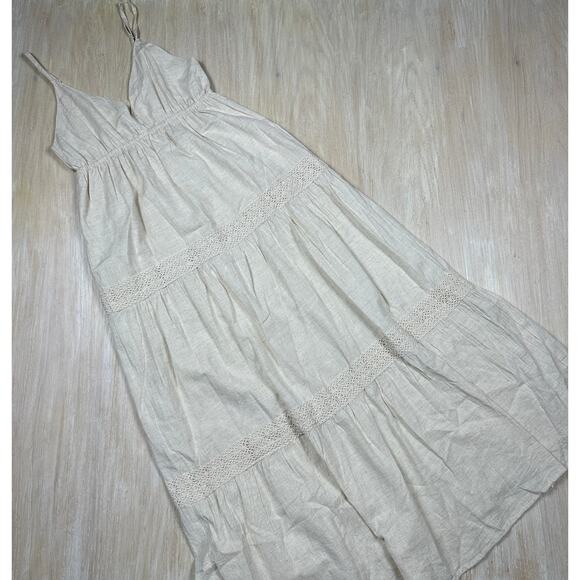 Sim & Sam Beige Linen Blend Crochet Coastal Beach Boho Tiered Midi Dress Small - Picture 8 of 14